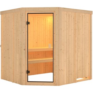 Sauna Karibu Bodo con ingresso ad angolo e porta in vetro bronzato, vista esterna.