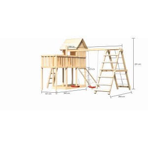 Karibu Casa sull'albero Frieda con doppia altalena, struttura per arrampicata e rampa a rete. Torre gioco in legno per bambini.