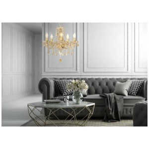 Lustre doré Globo Marie avec 5 douilles E14 et cristaux acryliques dans le salon.