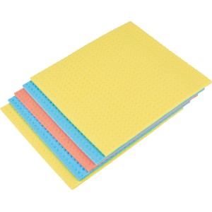 Confezione da 5 panni spugna gialli, blu e rosa per cucina e bagno.