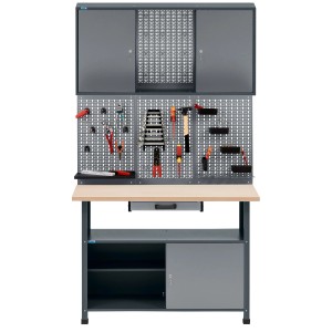 Set Küpper con banco da lavoro, pensile, mobile base, pannello forato e utensili, grigio-antracite, 204x120x60 cm.
