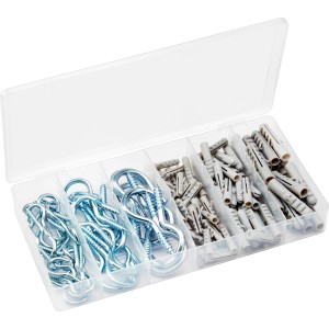 Set di ganci da 120 pezzi con ganci a vite e tasselli in scatola di assortimento per raccordi di collegamento.