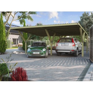 Doppio carport Weka Mugello in legno con due auto parcheggiate.