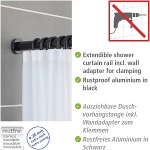 Barre de douche télescopique noire Wenko Luz, extensible 70-115cm, avec rideau de douche.