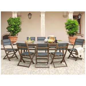 Set mobili da giardino Beliani Cesana marrone scuro: tavolo allungabile in acacia con 8 sedie pieghevoli grigie.