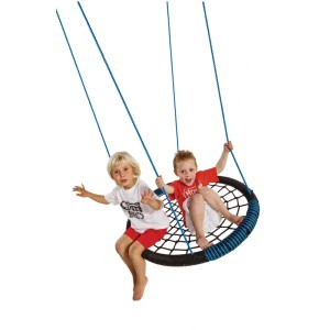Altalena a nido Pletscher Birdy 2 con due bambini. Altalena rotonda blu e nera per il giardino.