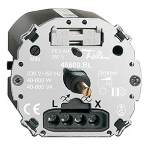Variateur rotatif Feller EdizioDue R/L 40-600W, vue détaillée des connexions et des données techniques.