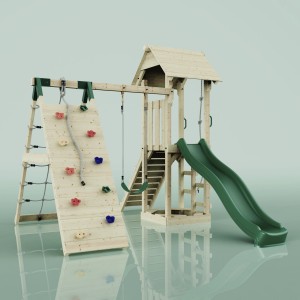 PolarPlay Torre gioco Trondheim con altalena, parete da arrampicata e scivolo verde.
