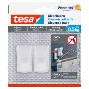 Crochets adhésifs Tesa pour papier peint/plâtre, lot de 2, capacité de 0,5 kg chacun, blancs. Idéal pour accrocher sans percer.