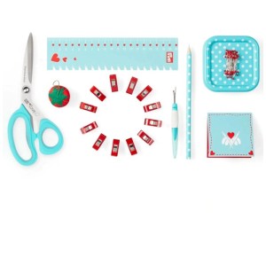 Prym Starterset Nähen Love Turchese con forbici, metro a nastro, puntaspilli, scucitore e clip per tessuto.