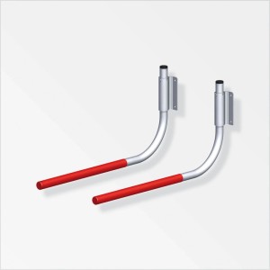 Deux supports vélo Alfer en aluminium avec bras caoutchoutés rouges pour fixation murale. Gain de place.