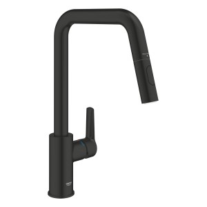 Miscelatore monocomando da cucina Grohe nero con bocca alta e doccetta estraibile.