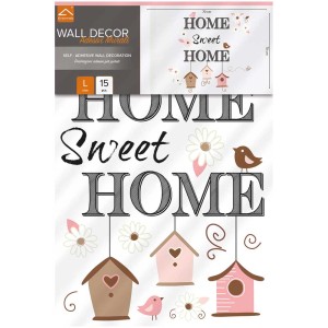 Wandsticker Home Sweet Home, Größe L, mit Schriftzug, Vogelhäusern und Blumen.