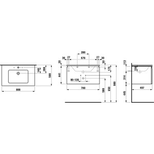 Schéma technique : Meuble de salle de bain Laufen Pro S, 80 cm, blanc brillant, avec dimensions pour l'installation.