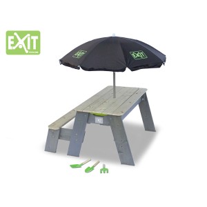 EXIT Aksent tavolo da sabbia, acqua e picnic con ombrellone e attrezzi da giardino.