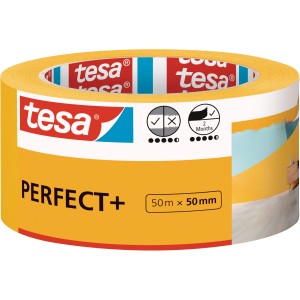 Rouleau de ruban de masquage jaune tesa® Malerband Perfect+ 50mm x 50m pour des bords de peinture nets.