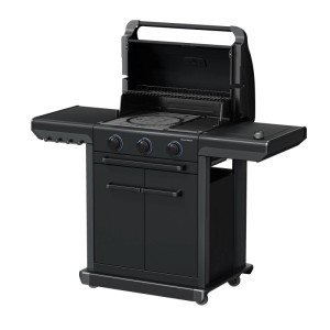 Barbecue a gas Campingaz 3 Series Onyx S con tre bruciatori, ripiano laterale e termometro sul coperchio.