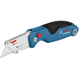 Couteau pliant Bosch Professional : Couteau universel avec manche bleu et lame rétractable.