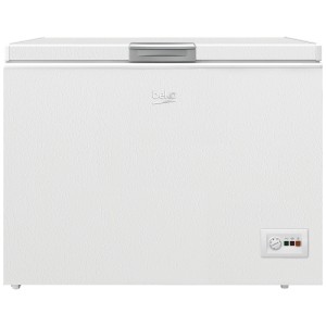 Congélateur coffre Beko GTM30041CH blanc, 298 l, avec poignée grise et panneau de commande. Pour surgelés.