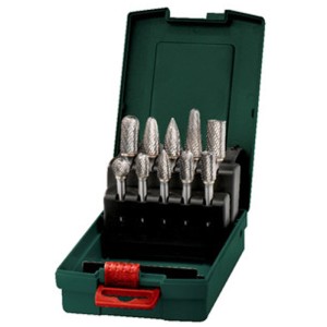 Metabo Hartmetall-Fräser-Set, 10-tlg., in grüner Kunststoffkassette. Verschiedene Fräsbohrer mit Kreuzverzahnung, Schaft Ø 6 mm.