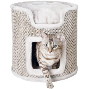 Arbre à chat Trixie Cat Tower Ria, 37 cm, gris clair/naturel avec chat.