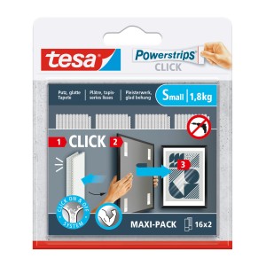 Tesa Powerstrips Click Small, 16 pezzi. Chiodi adesivi per quadri e decorazioni, facile da applicare.
