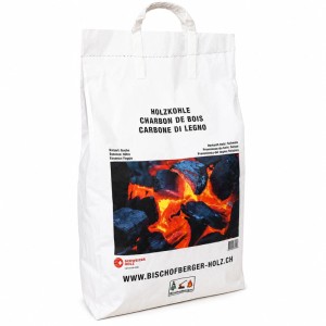 Sacco bianco di carbonella di faggio svizzera grossa 3 kg con immagine di braci ardenti. Ideale per grill.