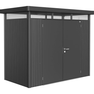 Abri de jardin Biohort HighLine, gris foncé métallisé, 3,5 m² avec double porte. Abri en métal avec toit plat.