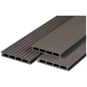 Lames de terrasse WPC anthracite (14,5x300 cm) avec surface rainurée pour terrasse et balcon.