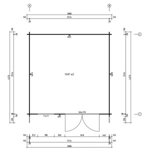 Pianta casetta da giardino Valeria-28, 428x427 cm, casetta in legno con dimensioni e posizioni finestre/porte.
