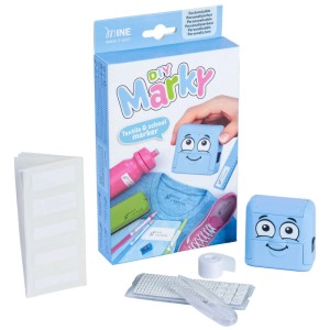DIY Textilstempel Marky blau, Set mit Stempel, Zubehör und Etiketten für Textilien und mehr.