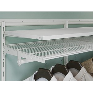 Mensola angolare in metallo bianco (40 cm) con ripiani e appendiabiti per sistema di scaffalatura.