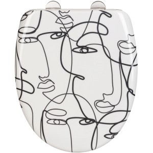 Wenko Sedile WC Faces, bianco con design volti neri, chiusura rallentata.