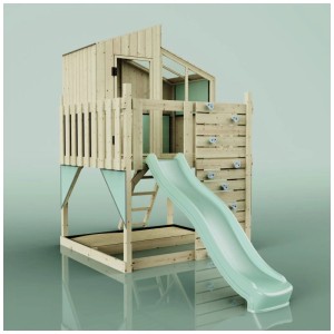 Cabane sur pilotis en bois OutdoorToys Komet avec toboggan vert menthe et mur d'escalade.