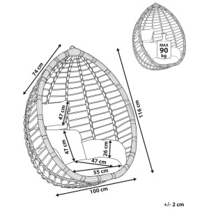 Schizzo: Sedia sospesa grigia Beliani Tollo in polyrattan con dimensioni e carico massimo di 90 kg.