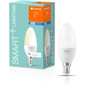 Lampadina LED Ledvance Smart+ Bluetooth a candela, E14, 6W, dimmerabile, bianco caldo. Lampadina e confezione.