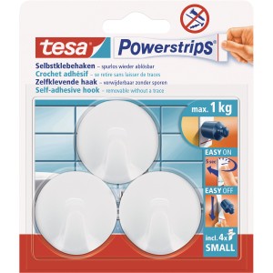 Crochets adhésifs Tesa, 3 crochets ronds blancs avec Powerstrips pour un retrait sans trace.