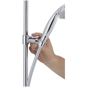 Barre de douche Diaqua Faido, acier inoxydable chromé, longueur 110 cm avec douchette à main dans le support.