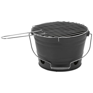 Barbecue seau noir avec grille et poignée, idéal pour les déplacements.