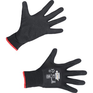 Guanti da lavoro neri LUX Green Glove taglia 9 con bordo rosso, palmi rivolti verso l'alto.