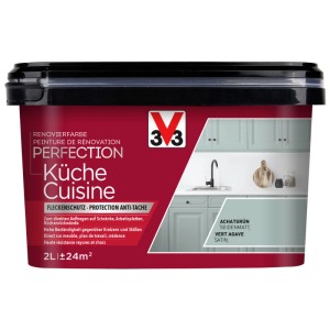 V33 Peinture Cuisine Vert Agate, satinée, 2L. Rénovation meubles et plans de travail cuisine.