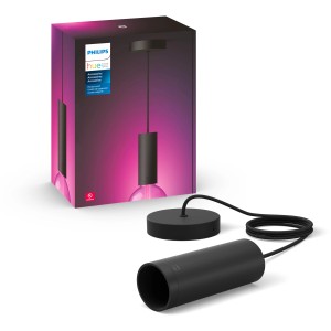 Lampada Philips Hue Lightguide con pendente a corda in tessuto nero a forma di cilindro e confezione.