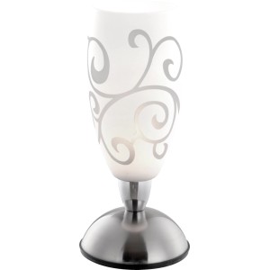 Lampe de chevet Globo Auriga : pied chromé, abat-jour blanc à motifs.