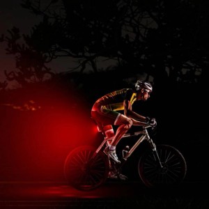 Fischer LED-Akku-Rücklicht Twin Stop am Fahrrad im Dunkeln.