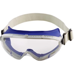 Lunettes de protection transparentes LUX avec monture bleue et sangle réglable pour une protection oculaire optimale.