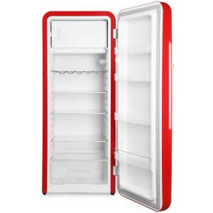 Offener, roter Trisa Kühlschrank Frescolino Classic mit Regalböden und Türfächern.
