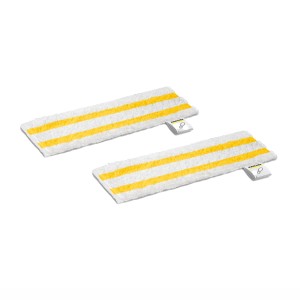Lot de 2 lingettes de sol Kärcher en microfibre universelles pour buse de sol EasyFix, blanc avec rayures jaunes.