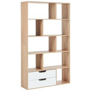 Étagère moderne Wadena aspect bois brun/blanc avec 9 compartiments ouverts et 2 tiroirs.