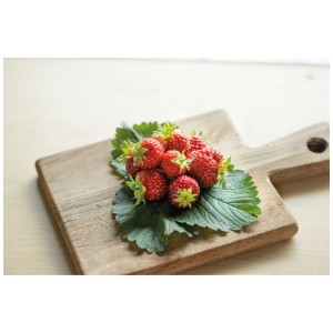 Fragole rosse fresche Fraroma su una tavola di legno con foglie verdi.