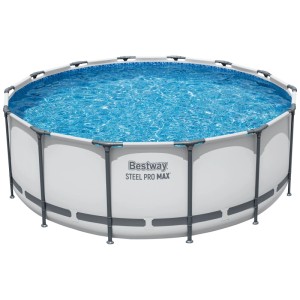 Piscine tubulaire Bestway Steel Pro Max, ronde, grise, avec structure en acier et eau bleue.